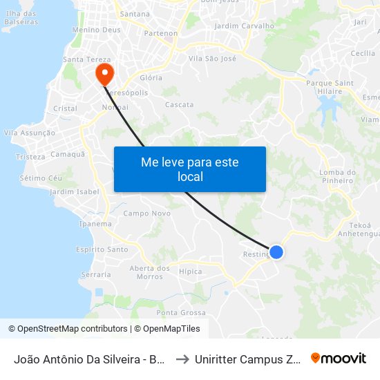 João Antônio Da Silveira - Bombeiros to Uniritter Campus Zona Sul map