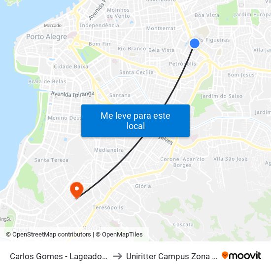 Carlos Gomes - Lageado Ns to Uniritter Campus Zona Sul map
