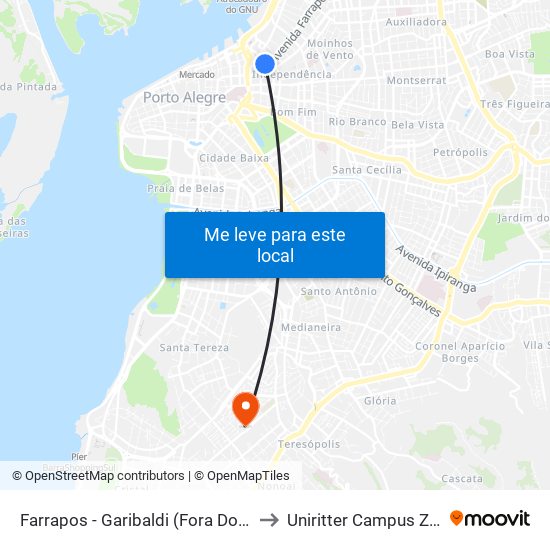 Farrapos - Garibaldi (Fora Do Corredor) to Uniritter Campus Zona Sul map