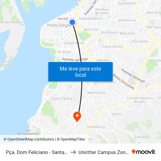Pça. Dom Feliciano - Santa Casa to Uniritter Campus Zona Sul map