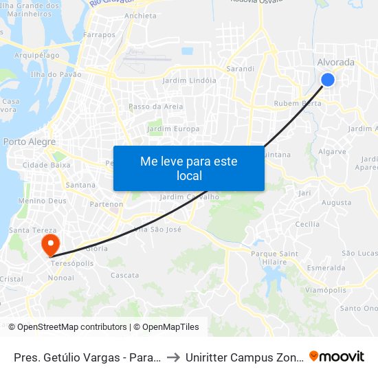 Pres. Getúlio Vargas - Parada 46 to Uniritter Campus Zona Sul map
