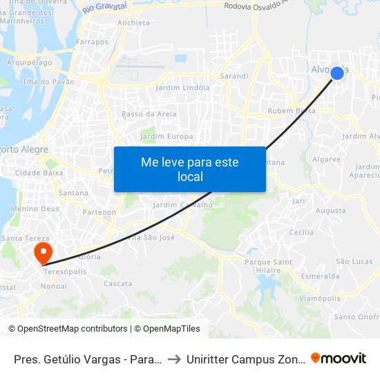 Pres. Getúlio Vargas - Parada 50 to Uniritter Campus Zona Sul map