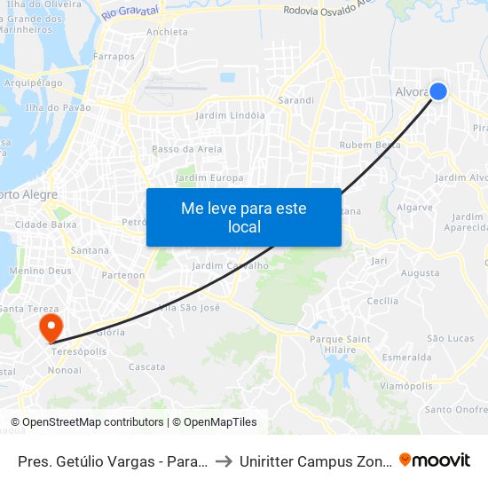 Pres. Getúlio Vargas - Parada 52 to Uniritter Campus Zona Sul map