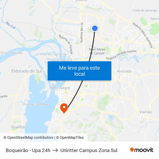 Boqueirão - Upa 24h to Uniritter Campus Zona Sul map