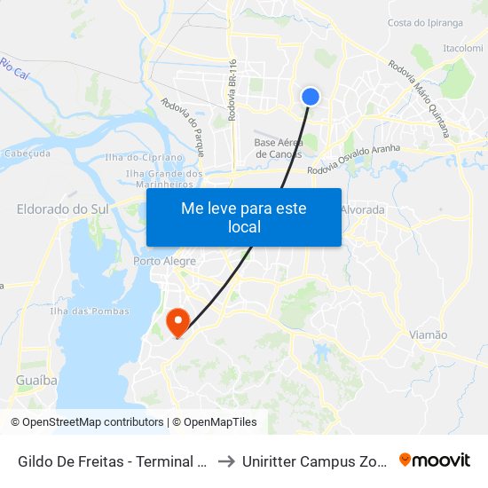 Gildo De Freitas - Terminal L1 / L2 to Uniritter Campus Zona Sul map