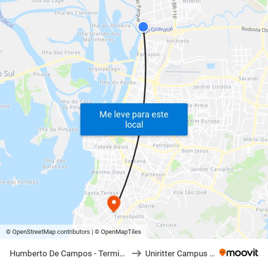 Humberto De Campos - Terminal Rio Branco to Uniritter Campus Zona Sul map