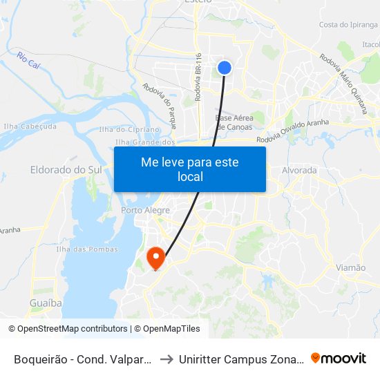 Boqueirão - Cond. Valparaíso to Uniritter Campus Zona Sul map