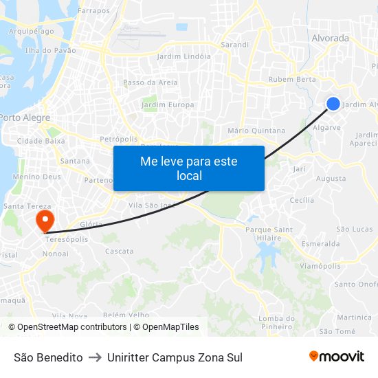 São Benedito to Uniritter Campus Zona Sul map