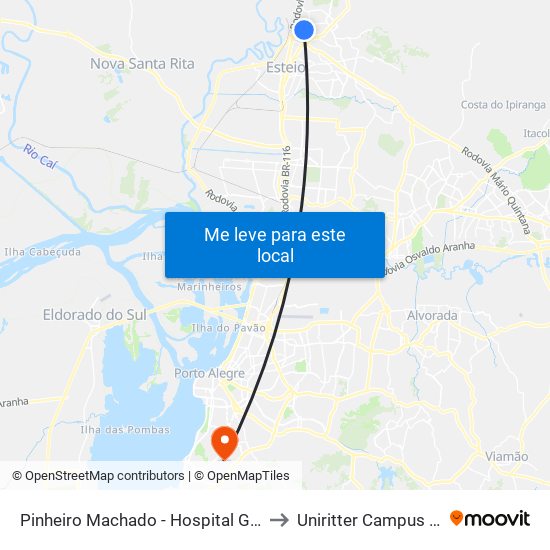 Pinheiro Machado - Hospital Getúlio Vargas to Uniritter Campus Zona Sul map