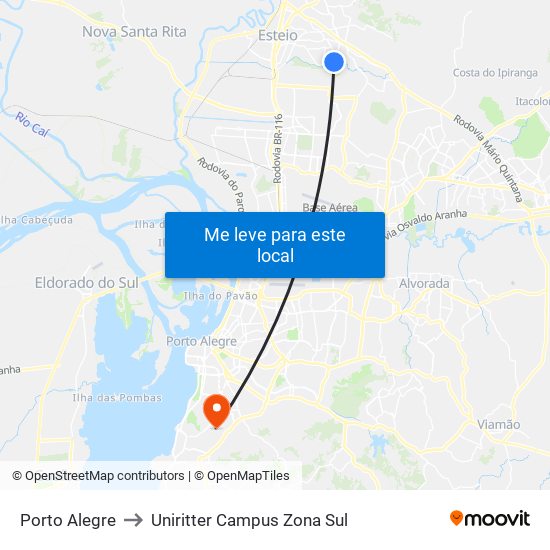 Porto Alegre to Uniritter Campus Zona Sul map
