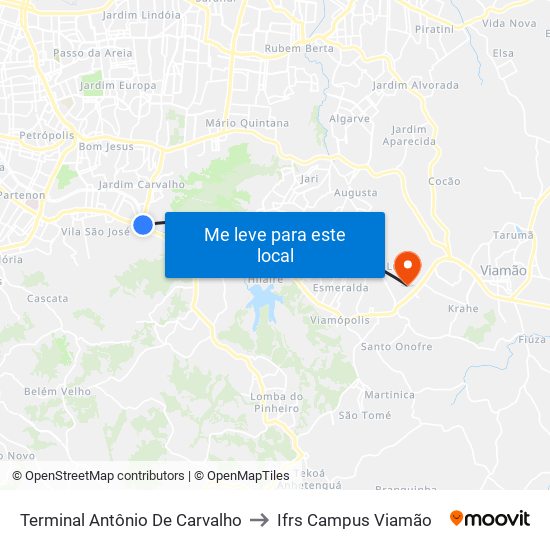 Terminal Antônio De Carvalho to Ifrs Campus Viamão map