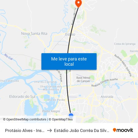 Protásio Alves - Inss (Fora Do Corredor) to Estádio João Corrêa Da Silveira - Clube Esportivo Aimoré map