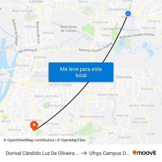 Dorival Cândido Luz De Oliveira - Parada 60 to Ufrgs Campus Olímpico map