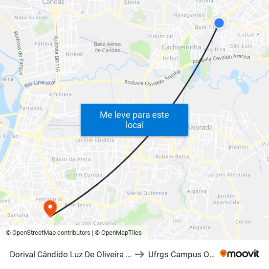 Dorival Cândido Luz De Oliveira - Parada 62 to Ufrgs Campus Olímpico map