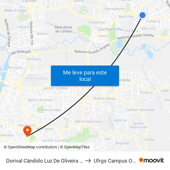 Dorival Cândido Luz De Oliveira - Parada 64 to Ufrgs Campus Olímpico map