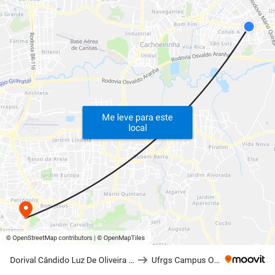 Dorival Cândido Luz De Oliveira - Parada 72 to Ufrgs Campus Olímpico map
