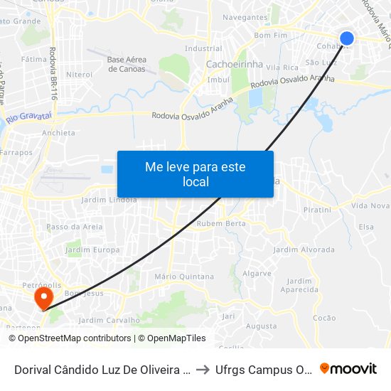 Dorival Cândido Luz De Oliveira - Parada 70 to Ufrgs Campus Olímpico map