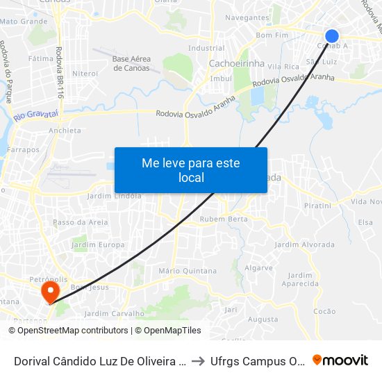 Dorival Cândido Luz De Oliveira - Parada 68 to Ufrgs Campus Olímpico map