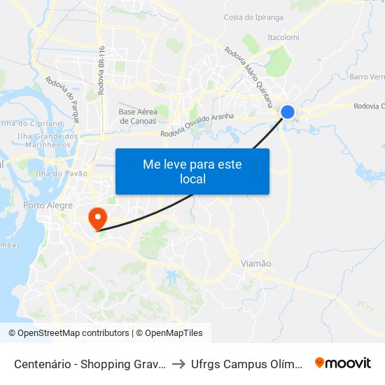Centenário - Shopping Gravataí to Ufrgs Campus Olímpico map
