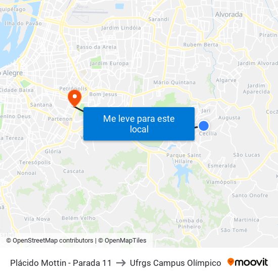 Plácido Mottin - Parada 11 to Ufrgs Campus Olímpico map