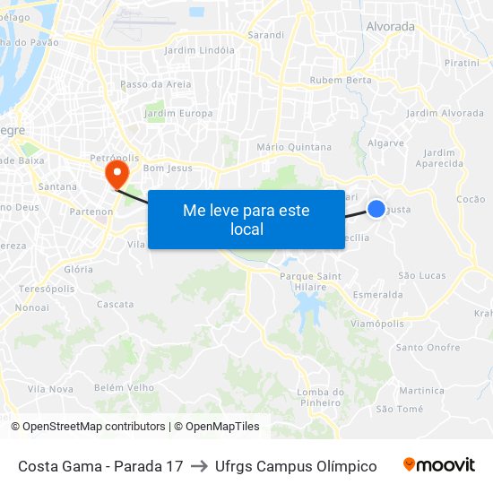 Costa Gama - Parada 17 to Ufrgs Campus Olímpico map