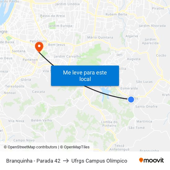 Branquinha - Parada 42 to Ufrgs Campus Olímpico map