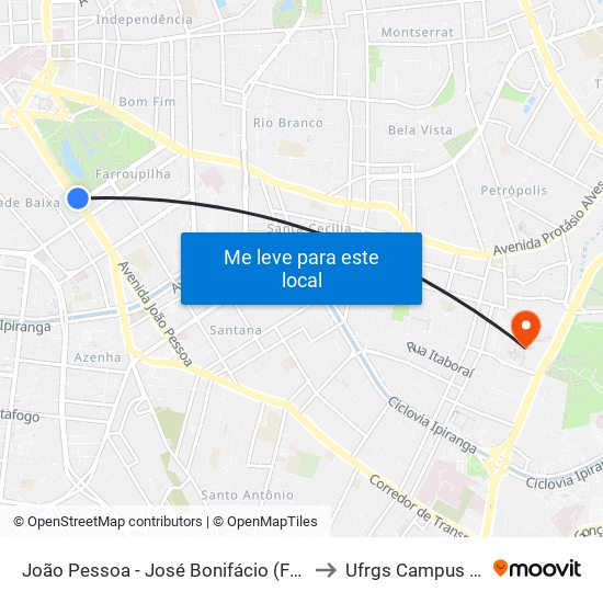 João Pessoa - José Bonifácio (Fora Do Corredor) to Ufrgs Campus Olímpico map