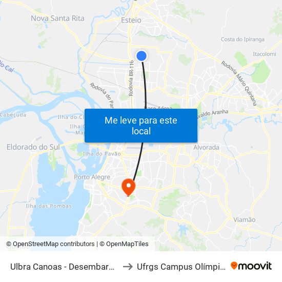 Ulbra Canoas - Desembarque to Ufrgs Campus Olímpico map