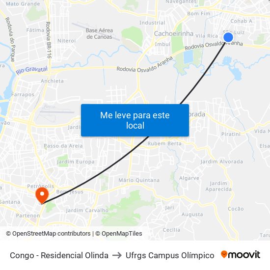 Congo - Residencial Olinda to Ufrgs Campus Olímpico map