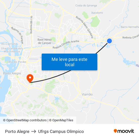 Porto Alegre to Ufrgs Campus Olímpico map