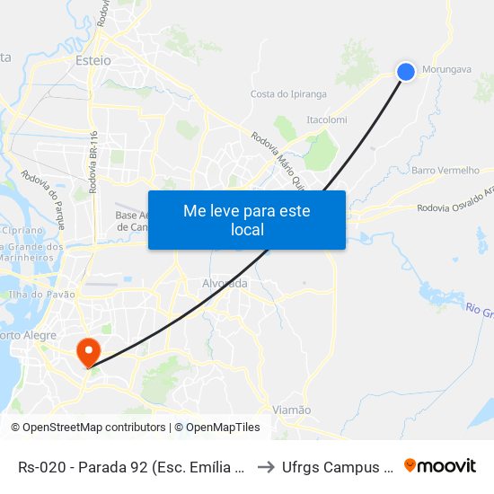 Rs-020 - Parada 92 (Esc. Emília Viega Da Rocha) to Ufrgs Campus Olímpico map