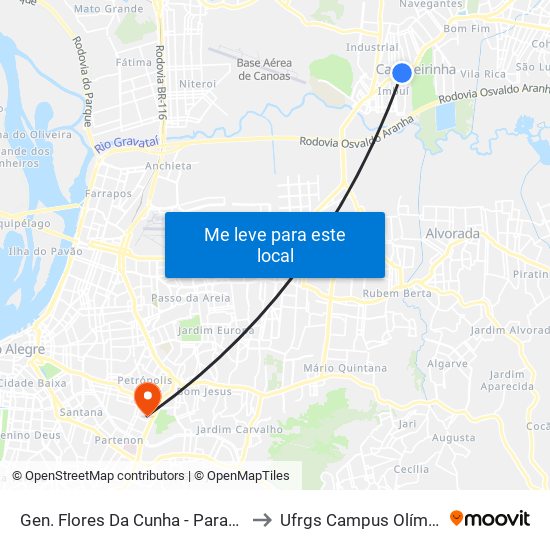 Gen. Flores Da Cunha - Parada 52 to Ufrgs Campus Olímpico map