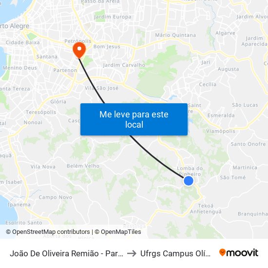 João De Oliveira Remião - Parada 16 to Ufrgs Campus Olímpico map