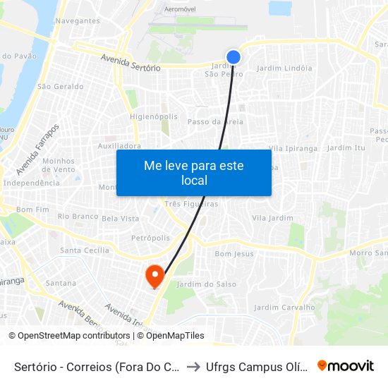 Sertório - Correios (Fora Do Corredor) to Ufrgs Campus Olímpico map