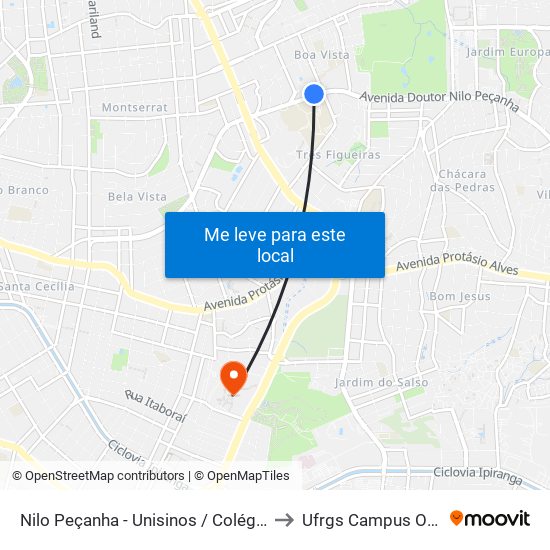 Nilo Peçanha - Unisinos / Colégio Anchieta to Ufrgs Campus Olímpico map