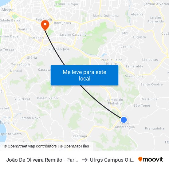 João De Oliveira Remião - Parada 21-A to Ufrgs Campus Olímpico map