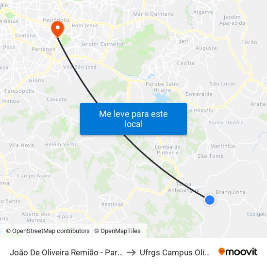 João De Oliveira Remião - Parada 28 to Ufrgs Campus Olímpico map