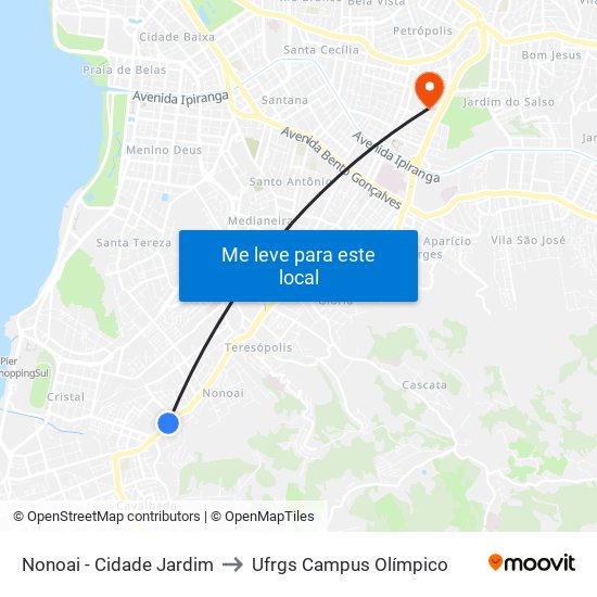 Nonoai - Cidade Jardim to Ufrgs Campus Olímpico map