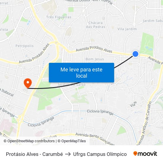 Protásio Alves - Carumbé to Ufrgs Campus Olímpico map