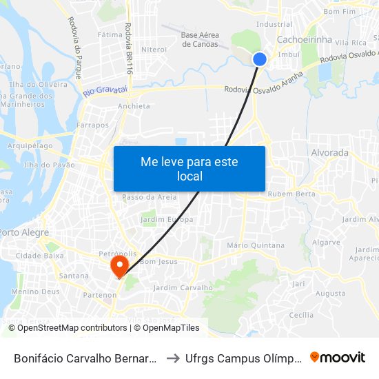 Bonifácio Carvalho Bernardes to Ufrgs Campus Olímpico map