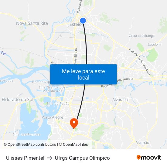 Ulisses Pimentel to Ufrgs Campus Olímpico map