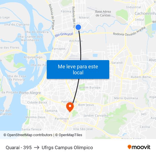 Quaraí - 395 to Ufrgs Campus Olímpico map