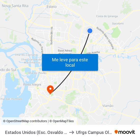 Estados Unidos (Esc. Osvaldo Camargo) to Ufrgs Campus Olímpico map