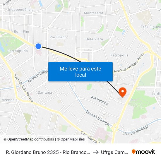 R. Giordano Bruno 2325 - Rio Branco Porto Alegre - Rs 90420-150 Brasil to Ufrgs Campus Olímpico map