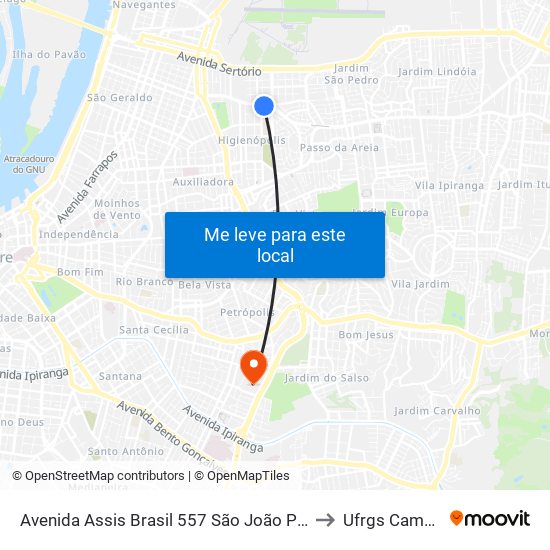 Avenida Assis Brasil 557 São João Porto Alegre - Rs 90550-130 Brasil to Ufrgs Campus Olímpico map