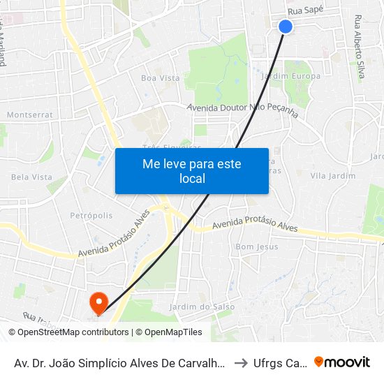 Av. Dr. João Simplício Alves De Carvalho 676 - Vila Ipiranga Porto Alegre - Rs 91360-260 Brasil to Ufrgs Campus Olímpico map