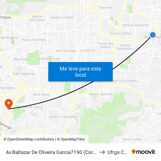Av.Baltazar De Oliveira Garcia7190 (Corredor C/B) - Rubem Berta Porto Alegre - Rs 91180-005 Brasil to Ufrgs Campus Olímpico map