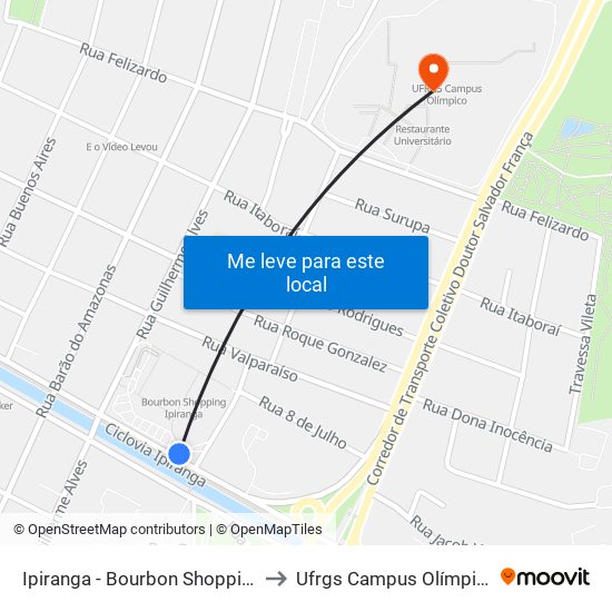 Ipiranga - Bourbon Shopping to Ufrgs Campus Olímpico map