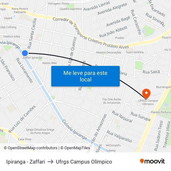 Ipiranga - Zaffari to Ufrgs Campus Olímpico map