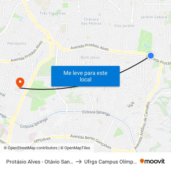 Protásio Alves - Otávio Santos to Ufrgs Campus Olímpico map